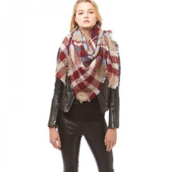 Burgundy Plaid Blanket Scarf - Picture 2 of 2